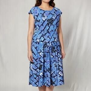 VTG Flamingos Dress Womens L 80s Dolman Floral Boho Resort Drop Waist Tropical